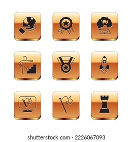 Set Hand holding Earth globe, Flag, Medal, Stair with finish flag, Man, Chess and icon. Vector