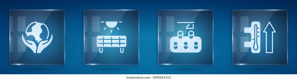 Set Hand holding Earth globe, Solar energy panel, Deforestation and Global warming. Square glass panels. Vector