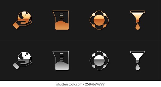 Set Hand holding Earth globe, Laboratory glassware or beaker, Molecule and Funnel filter icon. Vector