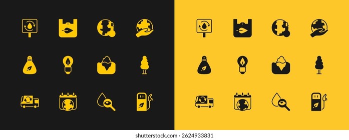 Set Hand holding Earth globe, World day, Iceberg, Drop magnifying glass, Light bulb with leaf, melting to global warming, Recycle clean aqua and Shopping bag recycle icon. Vector
