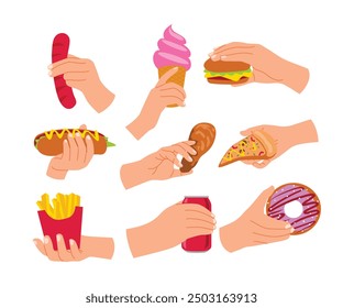 Set of hand holding fast food set collection, street snacks set. Arms with sweet dessert, takeaway pizza, burger, hot dog, ice cream, hotdog, fried chicken, french fries, soda can and donut.