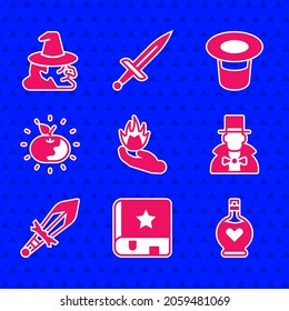Set Hand holding a fire, Ancient magic book, Bottle with love potion, Magician, Medieval sword, Poison apple, hat and Witch icon. Vector