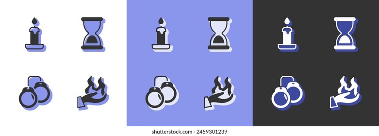 Set Hand holding fire, Burning candle, Handcuffs and Old hourglass icon. Vector