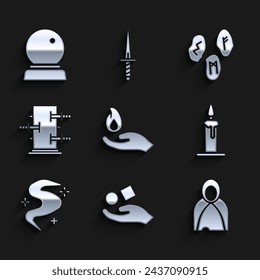 Set Hand holding a fire, Cube levitating above hand, Mantle, cloak, cape, Burning candle candlestick, Magic fog or smoke, Trunk for magic tricks, runes and ball icon. Vector