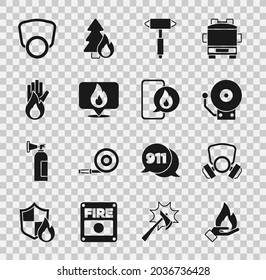 Set Hand holding a fire, Gas mask, Ringing alarm bell, Firefighter axe, Location with flame, No,  and Phone emergency call 911 icon. Vector