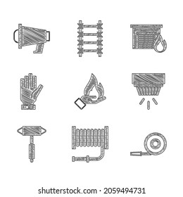 Set Hand holding a fire, Fire hose reel, Smoke alarm system, Firefighter axe, gloves, burning garage and Megaphone icon. Vector
