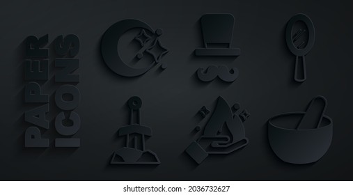 Set Hand holding fire, Magic hand mirror, Sword the stone, Witch cauldron, Magician and Moon stars icon. Vector