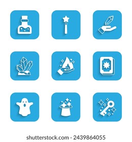 Set Hand holding fire, Magic hat, Old magic key, Tarot cards, Ghost, stone,  and Bottle with potion icon. Vector
