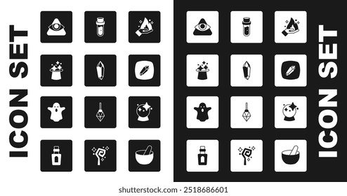 Mano que sostiene el fuego, piedra mágica, sombrero, ojo de Dios que todo lo ve, botella con la poción, bola e icono del fantasma. Vector
