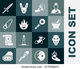 Set Hand holding a fire, Mask of the devil with horns, Mortar pestle, Psilocybin mushroom, Fire flame, saw, Dagger and Magic wand icon. Vector
