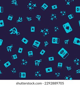 Set Hand holding fire, Playing cards, Magical glitter particles and Ancient magic book on seamless pattern. Vector
