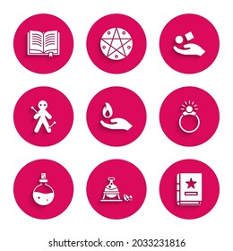 Set Hand holding a fire, Witch cauldron magic stone, Ancient book, Magic ring with gem, Bottle love potion, Voodoo doll, Cube levitating above hand and  icon. Vector