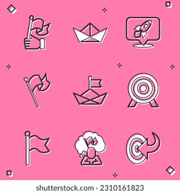 Set Hand holding flag, Folded paper boat, Rocket ship, Flag, Target,  and Man icon. Vector