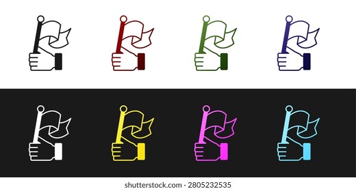 Set Hand holding flag icon isolated on black and white background. Victory, winning and conquer adversity concept.  Vector