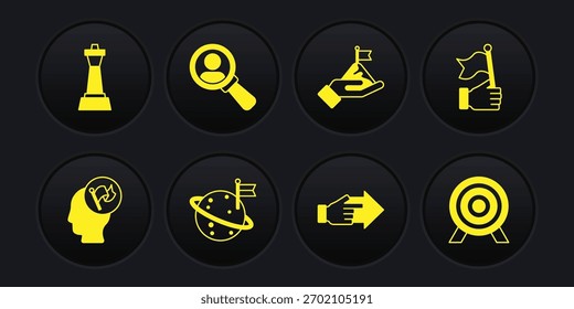 Mano que sostiene la bandera, Luna con el dedo que señala, Montañas, Lupa para la búsqueda, objetivo e icono de ajedrez. Vector