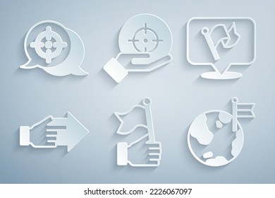 Set Hand holding flag, Flag, with pointing finger, Planet, Target and icon. Vector