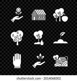 Set Hand holding flower, Farm house, Tree with apple, Garden gloves, Plant hand of environmental protection, House concept, pears and Watering icon. Vector