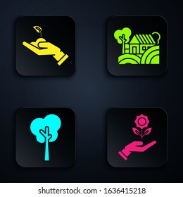 Set Hand holding flower, Sprout in hand of environmental protection, Tree and Farm House concept. Black square button. Vector
