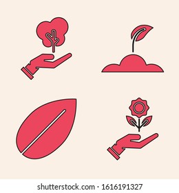 Set Hand holding flower, Tree in hand of environmental protection, Sprout and Leaf icon. Vector