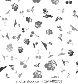 Set Hand holding flower, Trees, Sprout and Cherry on seamless pattern. Vector