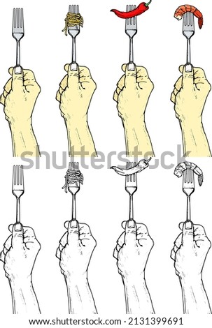 Set of hand holding fork with noodle, chili and prawn. Hand drawn vector illustration.