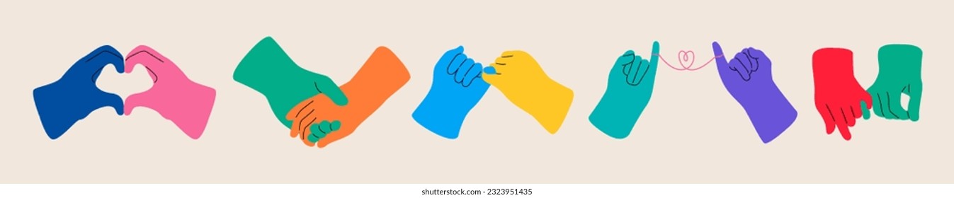 Set of hand holding hands. Valentine's Day. Colorful vector illustration