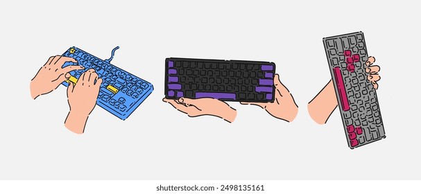Handsatz, der die Tastatur im Strichstil mit Farbe hält. einzeln auf weißem Hintergrund. handgezeichnete Vektorgrafik.