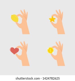 set of hand holding lemon, star, heart or coin concept.