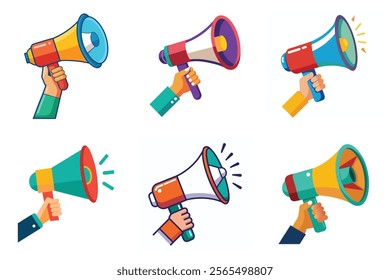 Set of Hand Holding megaphone vector icon, Announcing Mike collection illustration on white background