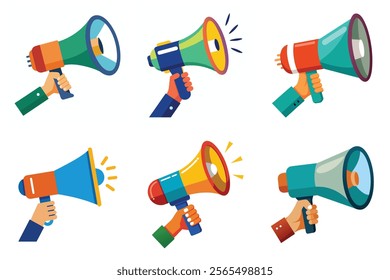 Set of Hand Holding megaphone vector icon, Announcing Mike collection illustration on white background