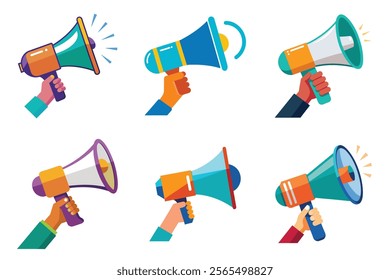 Set of Hand Holding megaphone vector icon, Announcing Mike collection illustration on white background