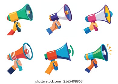 Set of Hand Holding megaphone vector icon, Announcing Mike collection illustration on white background