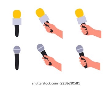 Set with hand holding microphones flat vector illustration