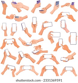 	
Set of Hand holding mobile phone horizontally and vertically with copy space or blank screen. Illustration vector set in flat style isolated. Female and male touching smartphone display with finger.