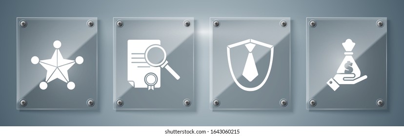 Set Hand holding money bag, Tie, Document with search and Hexagram sheriff. Square glass panels. Vector