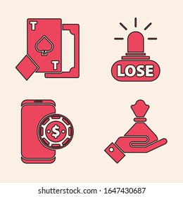 Set Hand holding money bag, Playing card with spades, Casino losing and Online poker table game icon. Vector