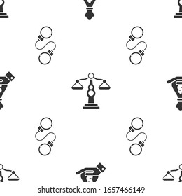 Set Hand holding money bag, Scales of justice and Handcuffs on seamless pattern. Vector