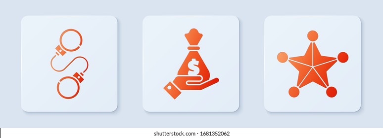 Set Hand holding money bag, Handcuffs and Hexagram sheriff. White square button. Vector