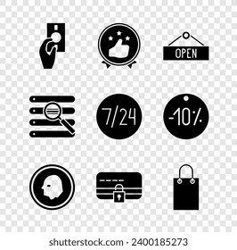 Set Hand holding money, Consumer or customer product rating, Hanging sign with Open, Coin, Credit card lock, Paper shopping bag, Search browser window and Clock 24 hours icon. Vector