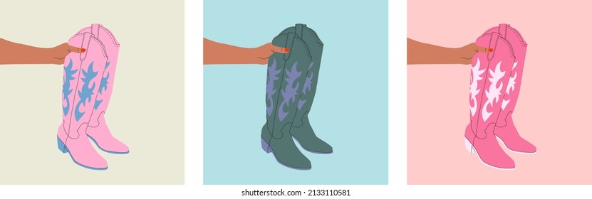 Set of hand holding a pair of cowgirl boots. Cowboy girl wears boots. Cowboy western theme, wild west, texas, fashion. Various cowgirl boots. Hand drawn color trendy vector isolated illustration. 