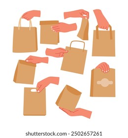 Set of hand holding paper bag, Food delivery service concept, Takeaway food service, Brown Paper Bag for Grocery Shopping. Lunch package. disposable brown takeaway food isolated on white background.