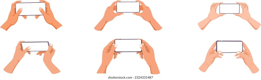 Set hand holding phone in landscape  mode with blank space isolated on white background. take photo, video and playing game concept using smartphone. Icon, Flat cartoon Vector illustration style