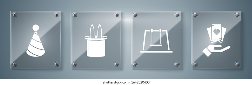 Set Hand holding playing cards, Swing, Magician hat and rabbit ears and Party hat. Square glass panels. Vector