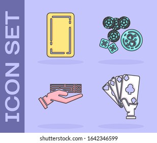 Set Hand holding playing cards, Playing card back, Hand holding deck of playing cards and Casino chips, game dice and glass of whiskey with ice cubes icon. Vector