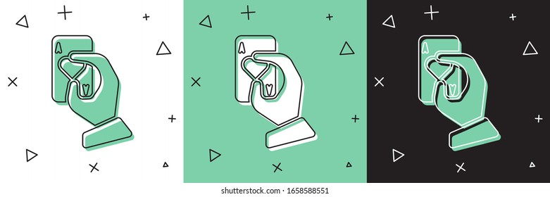 Set Hand holding playing cards icon isolated on white and green, black background. Casino game design.  Vector Illustration