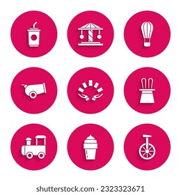 Set Hand holding playing cards, Ice cream, Unicycle or one wheel bicycle, Magician hat rabbit ears, Toy train, Cannon, Hot air balloon and Paper glass with water icon. Vector