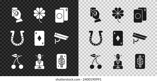 Set Hand holding playing cards, Casino slot machine with clover, Deck of, cherry, Poker player, King diamonds, Horseshoe and Playing icon. Vector