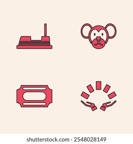 Set Hand holding playing cards, Bumper, Monkey and Circus ticket icon. Vector