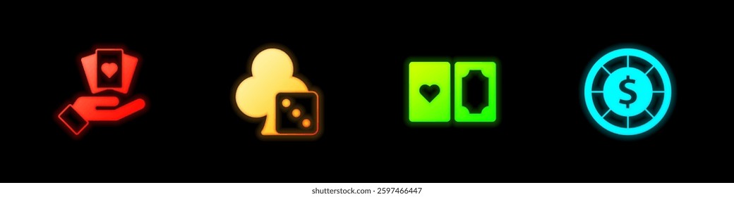 Set Hand holding playing cards, Game dice, Deck of and Casino chips icon. Vector