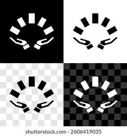 Set Hand holding playing cards icon isolated on black and white, transparent background. Casino game design.  Vector